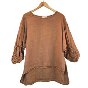 Bellambra Italy Linen Blouse Oversized Hi-Lo Hem 3/4 Sleeves Brown Small